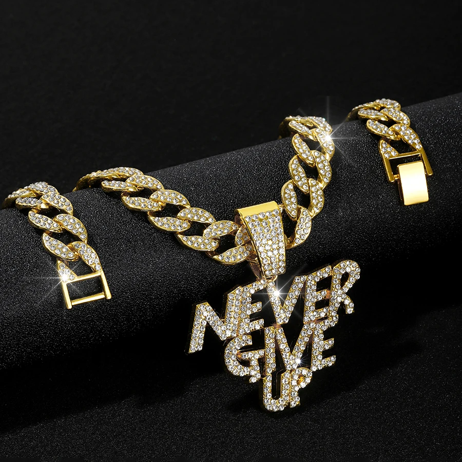 Iced Out 15mm Miami Link Chain Alloy and Rhinestone Hip Hop Letter