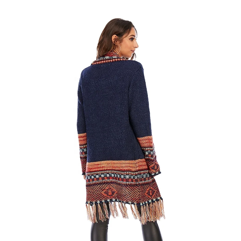 Women Vintage Top Boho Sweater Ethnic Style Tassel Cardigan Knit Sweater  With Pockets Women's Long Cardigan
