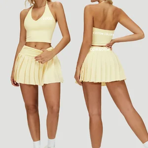 Women's New Two-Piece Anti-Glare Fitness Sportswear Custom Outdoor Badminton Tennis Dress Set Pocket Skirt Breathable Waist