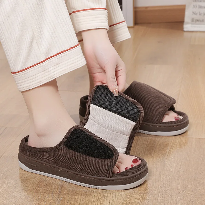 Velcro Adjustable Linen Slippers Breathable and Non Slip for External Wear Suitable for Elderly House Slippers