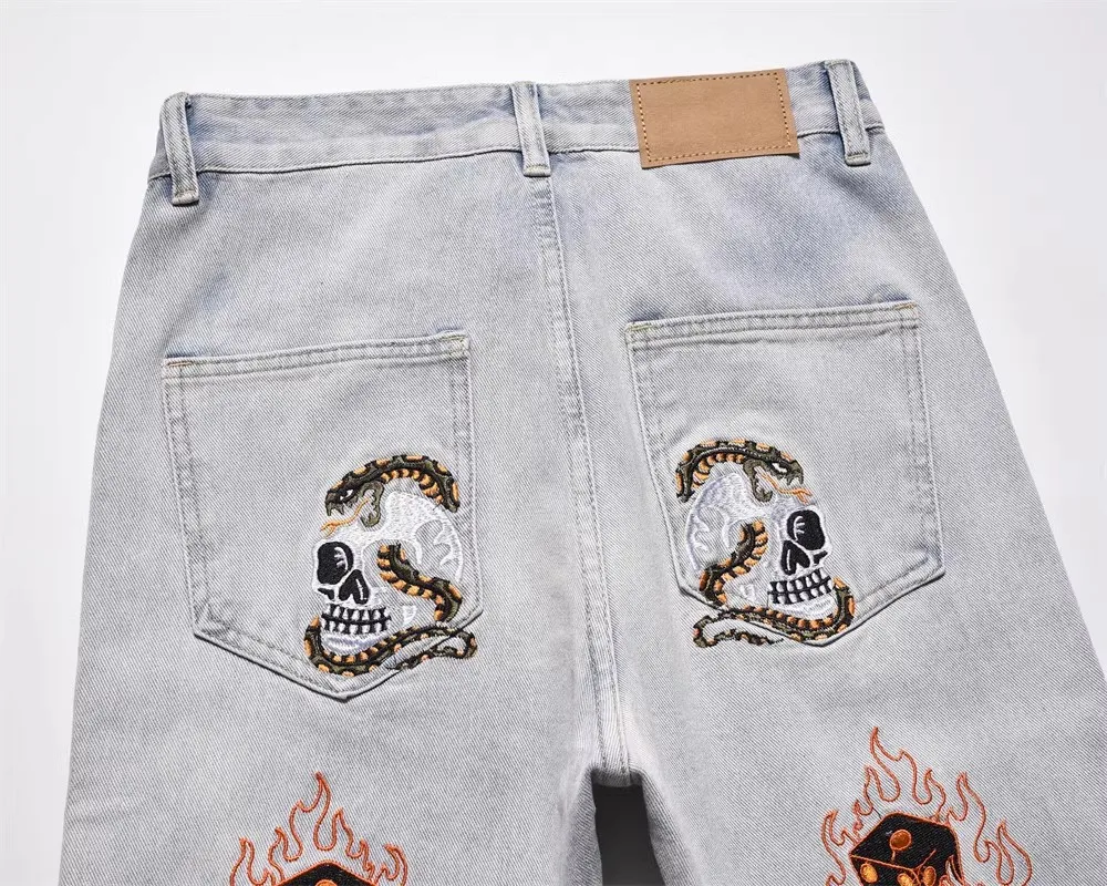 Embroidery Skull Flame Straight Tube Mens Baggy Jeans Tapered Men