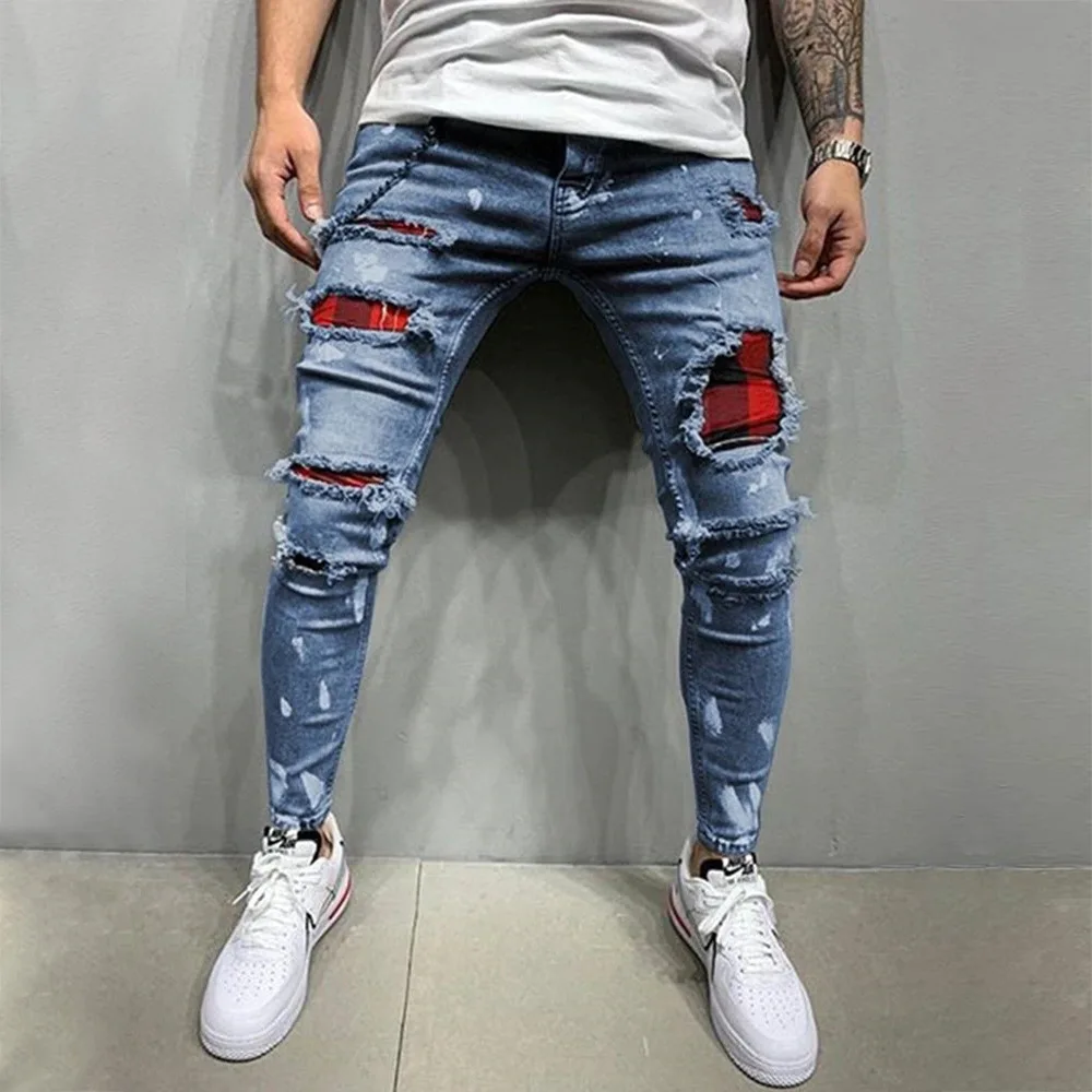 New Men's Italy Pop Style Vintage Patches Slim Pants Blue Jeans Trousers D8029T