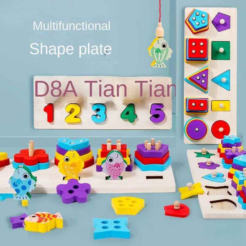 Wooden Fishing Logarithmic Board Multifunctional Shape Sorter Building Block Toy Set