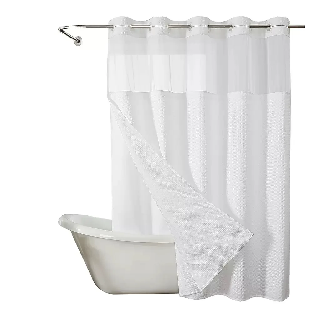 New Design Washable Waffle Hotel White No Hook Polyester Textured Hookless Shower Curtain With Snap in Liner