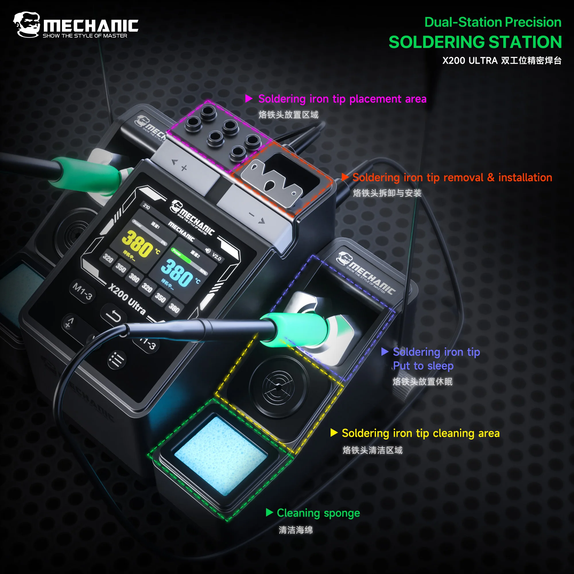 MECHANIC X200 Ultra Dual  Precision Soldering Station Desktop Soldering  Machine  for High Precision Work Rapid Heating