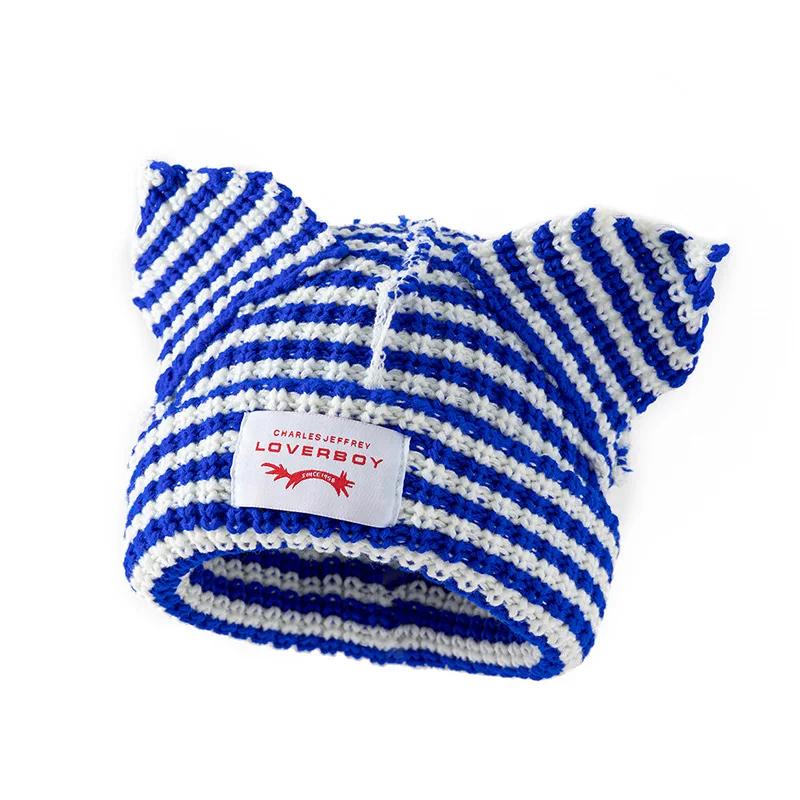 Y2K Style Cat Ear Knit Hat Hooded Cap Warm Slouchy Crochet