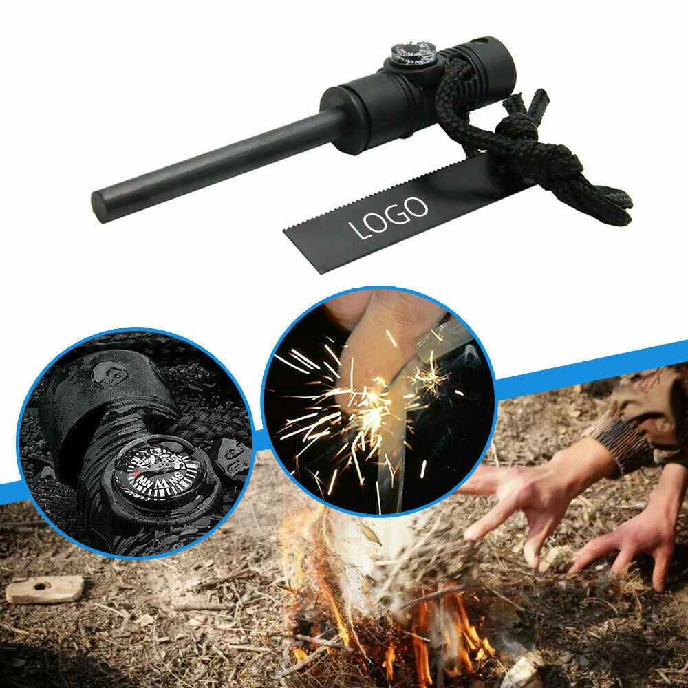 Outdoor Camping Hiking Firesteel with Compass Flint Lighter ferro rods camp fire and Whistle-Convenient Camp Fire Starter factory