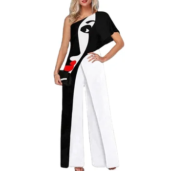 Hot selling cross-border jumpsuit from Amazon in Europe and America, women's off shoulder printed casual printed wide leg pants