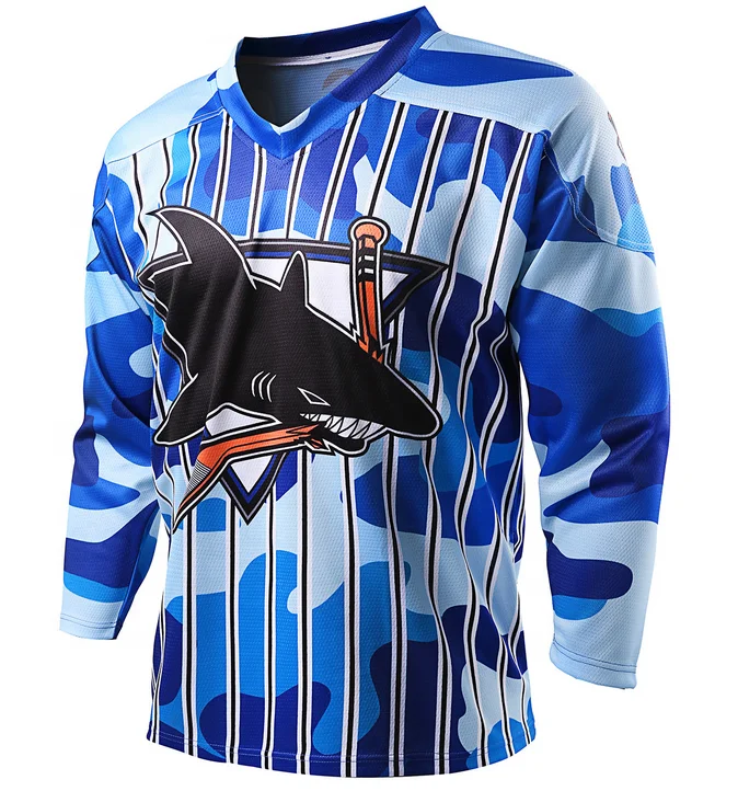 Custom Hockey Jerseys with A Fish Embroidered Twill Logo Adult Goalie Cut / (Just Number) / Blue