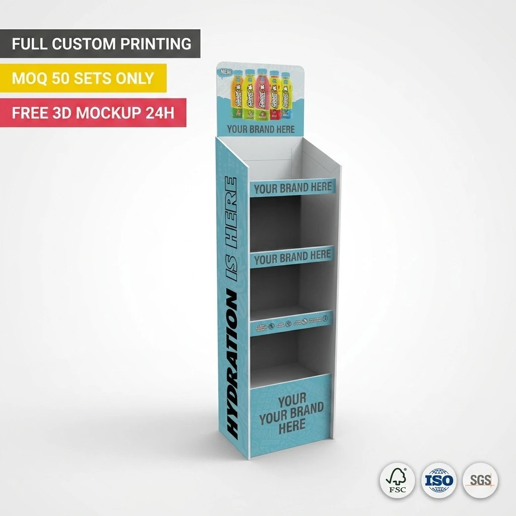 Expositor de Bebidas em Papelão Personalizado por Atacado, para Chão, para Varejo, Prateleira para Energéticos, Sucos e Garrafas, Expositor POS, Prateleira, ODM/OEM
