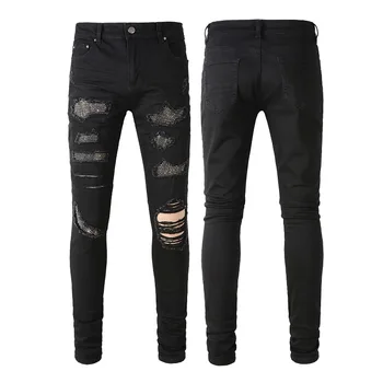 Men's Slim Fit Black Hole Cat Sticking Diamond Jeans Young Feet Brand Pants