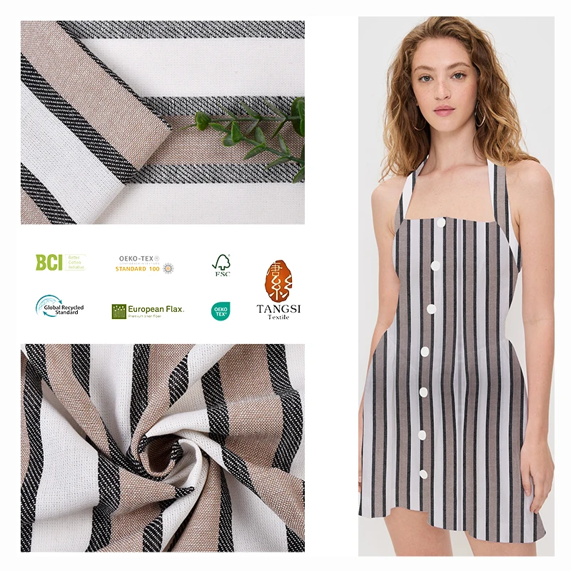Wholesale Linen Cotton Yarn Dyed Stripes Woven Fabric for Pants Dress Skirts