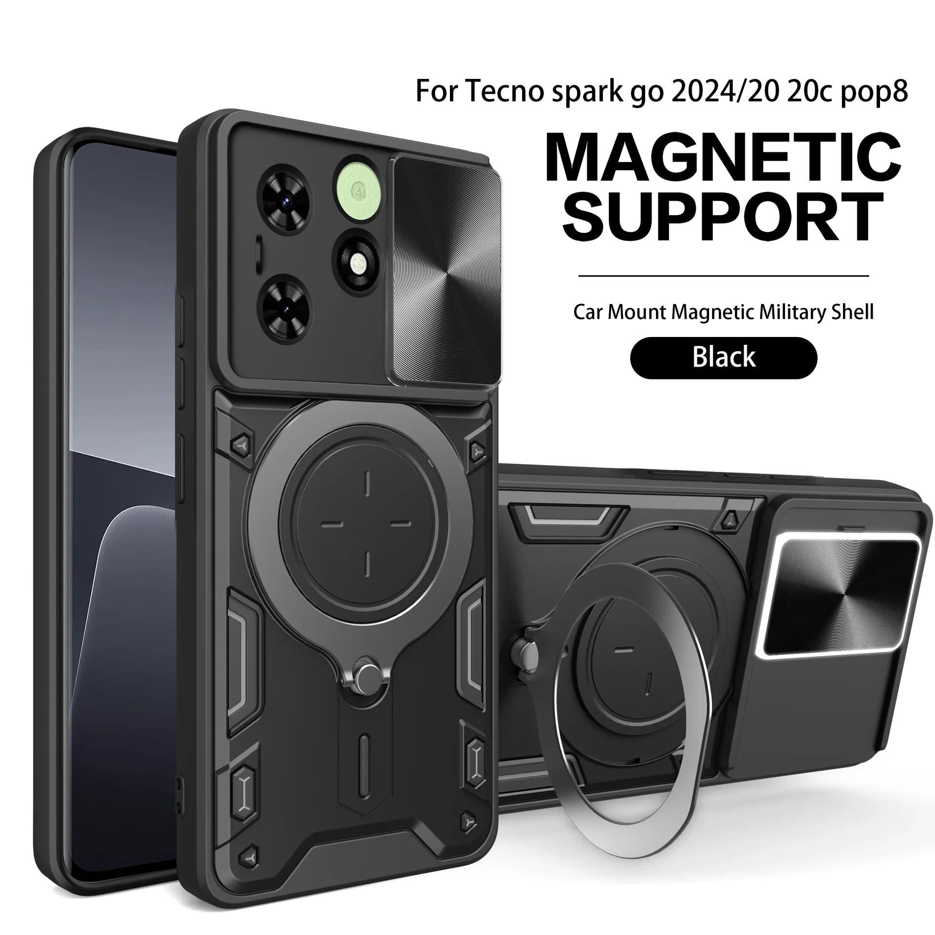 Dual Layer Defend Case for Tecno Spark Go 2024/ Spark 20C/ Pop 8 Protective Case with Kickstand and Slide Camera Cover