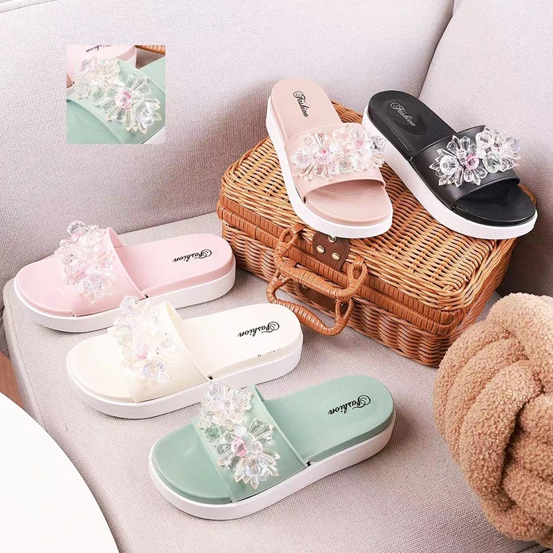 Popular Luxury Shoes Women Bead Designer Sandals Pvc Nice slippers Summer  Flat Sandals Shoes Wholesale