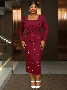 AM050836 Elegant Long Sleeve Ruffled Cardigan Square Neck Beading Dress Formal Burgundy Women's Tow Pieces Set