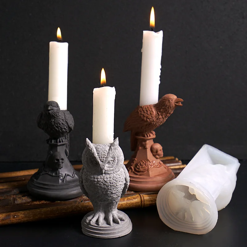 Halloween Gothic Owl Candlestick Mold Retro Crow Desktop Decoration Gypsum Silicone Mold Cake Tools for Halloween Decorations manufacture