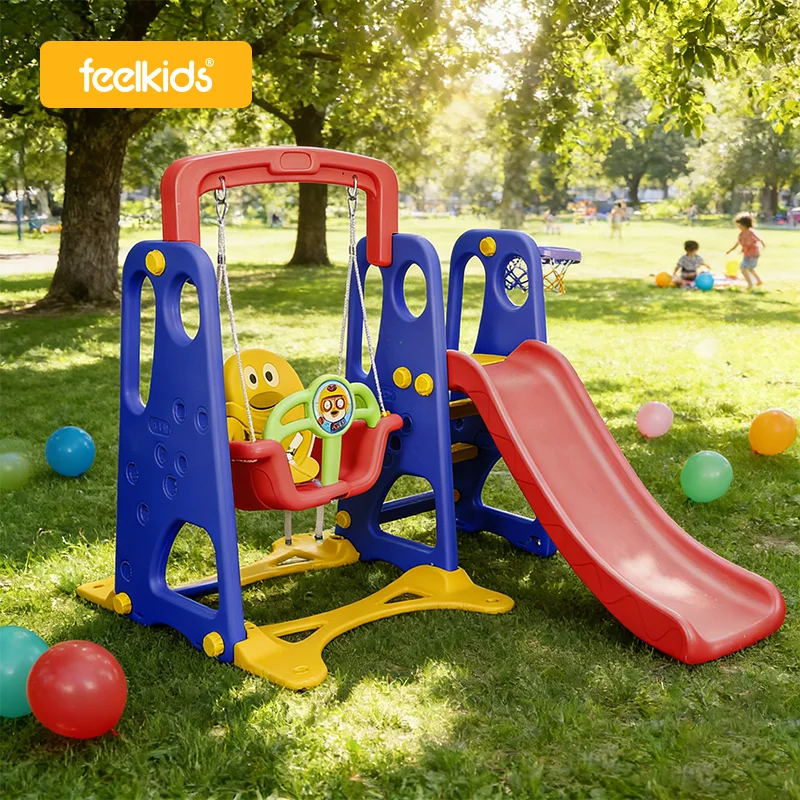 Feelkids Outdoor Adventure Playground Set Swing Basketball Playhouse for Babies Public Gardens Shopping Malls Indoor Use PE