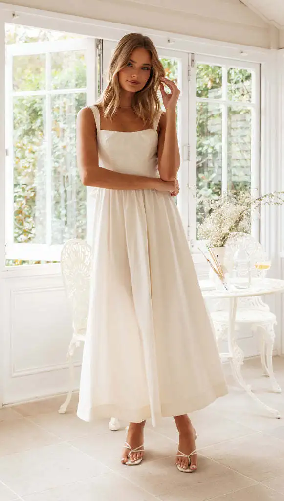 New French Elegant Ladies White Suspender Long Skirt Backless Wide Hem  Sleeveless Sling Long Dress for Women