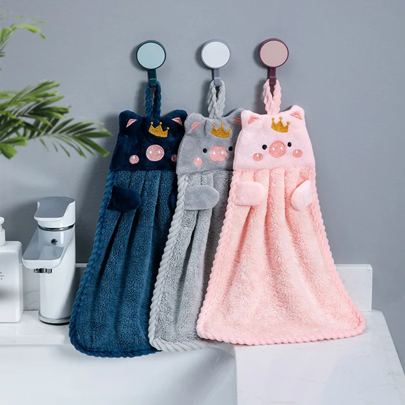 DS986 Kitchen Household Bathroom Cleaning Towel Absorbent Fast Drying Microfiber Dish Cloth Coral Velvet Cute Pig Hand Towels
