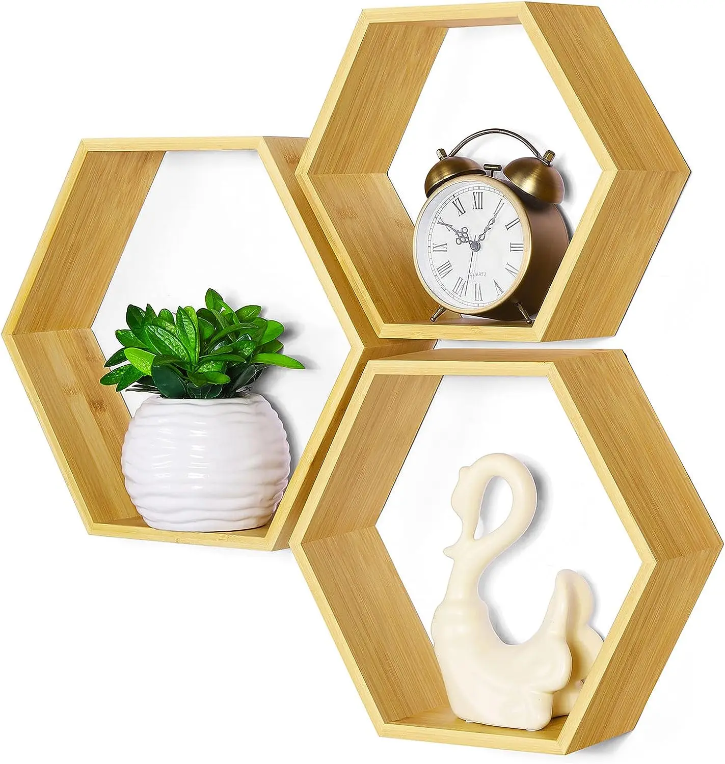 Set of 3 Multifunction Honeycomb Wood Shelves Wall Mounted Bamboo Hexagon Floating Shelves Spice Bag Storage Living Room