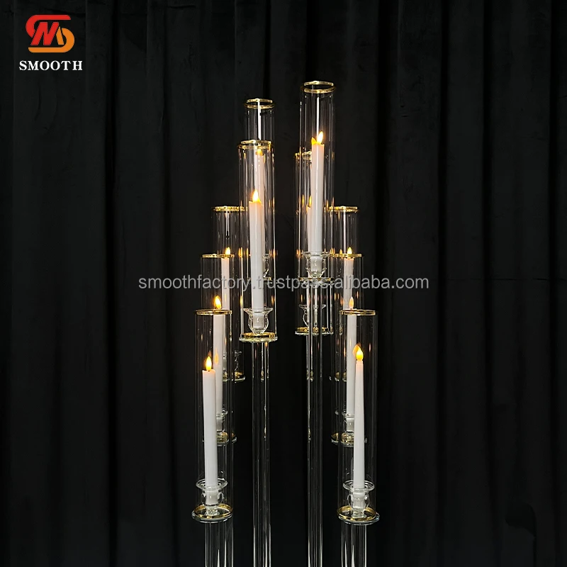 SMOOTH Gold Rim 10 Arms Design Candelabra High Quality Glass Wedding Banquet Restaurant Table Decor