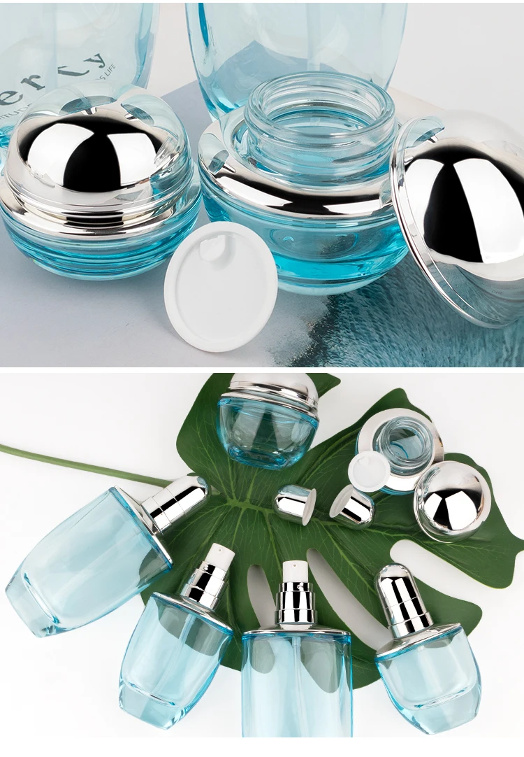 50ml 30ml  luxury clear blue cosmetic face lotion cream glass bottle jar packaging set with pump details