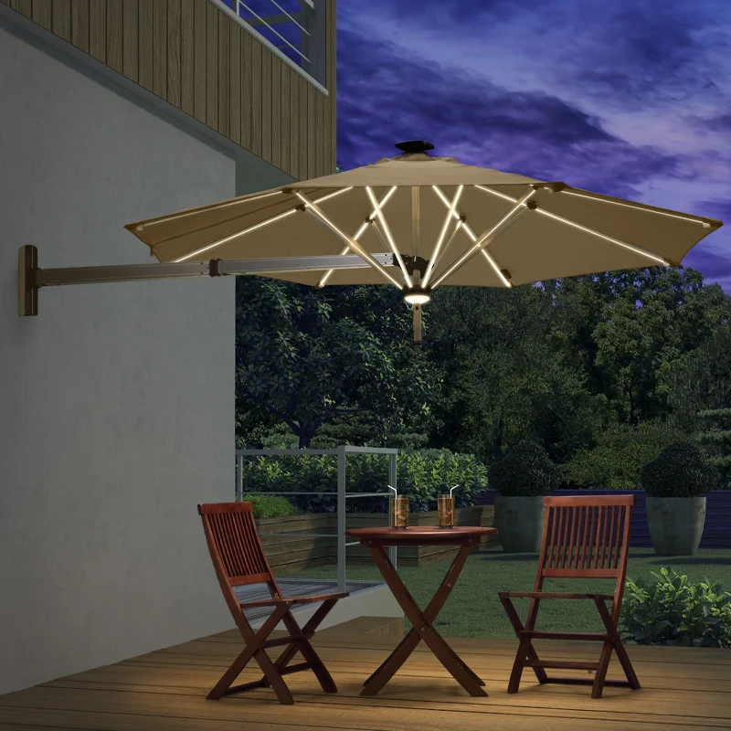 Umbrella with Led Light Extended Wall Mounted Parasol New Sun Shape Design for Patio Retractable Wall-mounted Umbrella