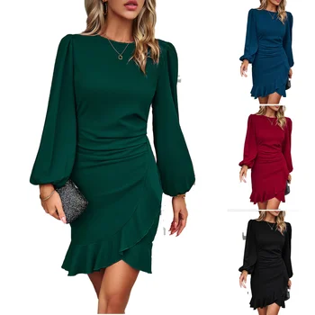 2024 autumn and winter new European and American women's temperament puff sleeve solid color long sleeve slim dress