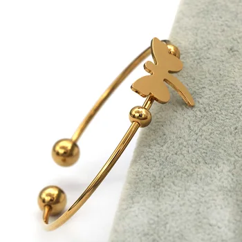 Gold Color Stainless Steel Bracelet Bangle Fashion Dragonfly Shape Charms Bracelets Jewelry Set For Women Kids