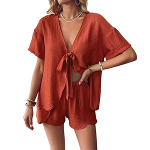 Sexy V-neck Sleepwear Women's Lace up Sleepwear Loose Set with Shorts Women's Set