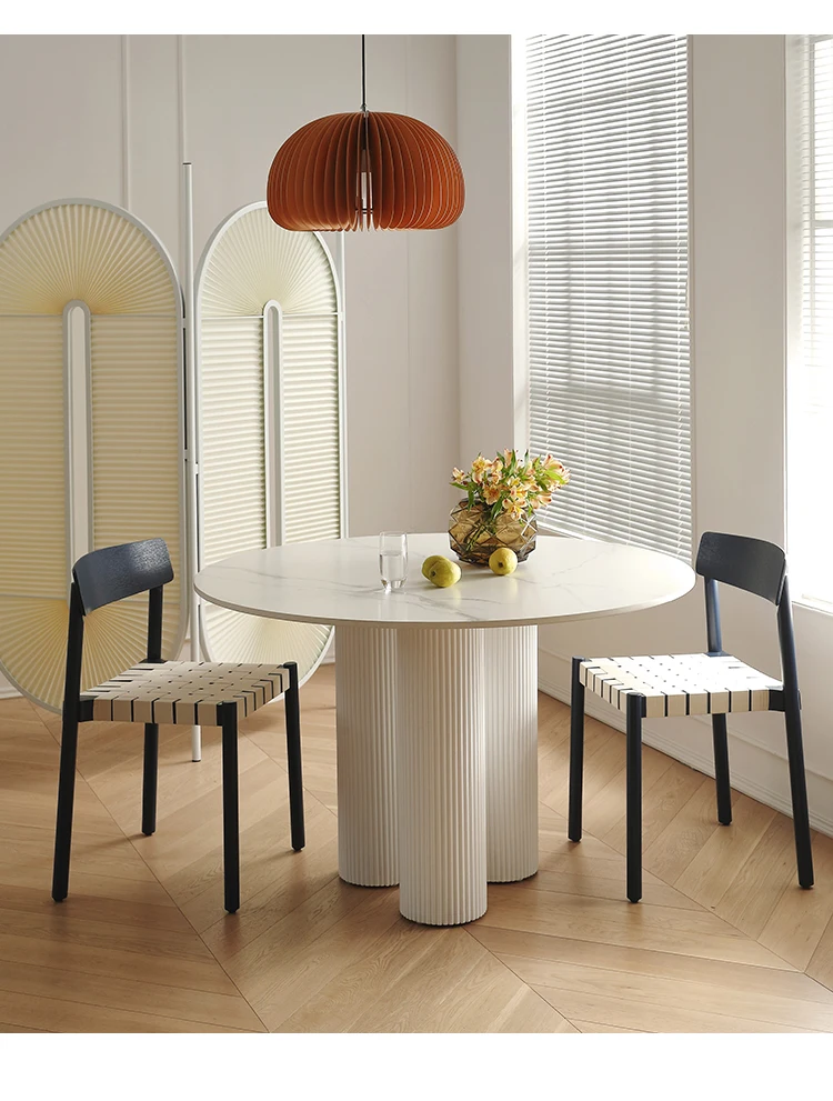 Unique Luxury Round Dining Table Modern Pure White Marble Stone Roman Column Tripod Tables and Chairs Wood