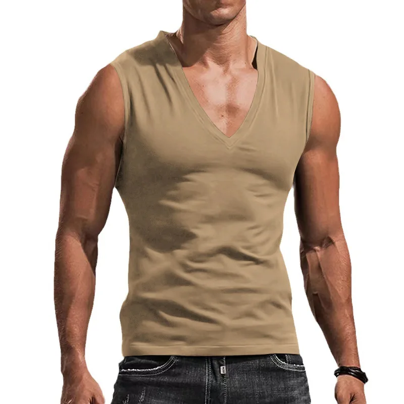 Men's Solid Color V Neck Vest Casual Breathable Sleeveless T-Shirt Vest956_voghion.com