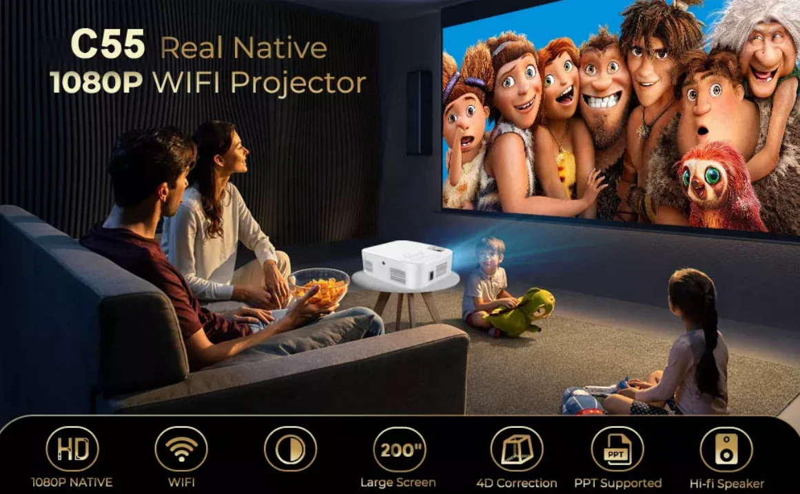 Global Version C55 Android WiFi BT Portable 1080p 4K Smart Theater Projector 450ANSI Lumens LCD for Home Theater