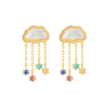 925 Sterling Silver 14K Gold Plated Gemstones Colorful Zirconia Tassel Stereoscopic Clouds White Butterfly Shell Earrings