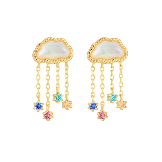 925 Sterling Silver 14K Gold Plated Gemstones Colorful Zirconia Tassel Stereoscopic Clouds White Butterfly Shell Earrings