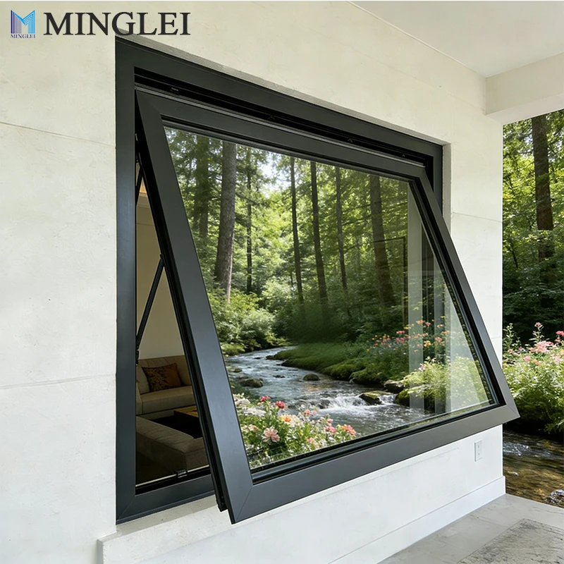 இருண்ட சாம்பல் நிறத்தில் வெளிநோக்கி திறக்கும் ஆவ்னிங் சாளரம், இரட்டை தாங்குதல் கொண்ட கண்ணாடியுடன் கூடிய மேல் திறக்கும் சாளரம்