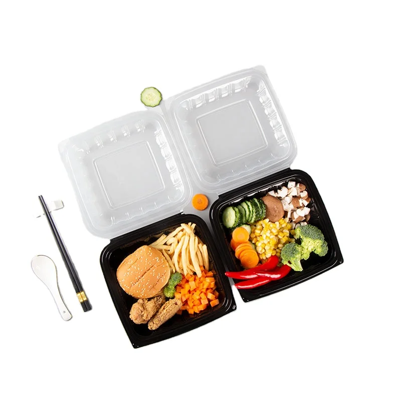 PP Two Color Black Bottom Hinged Clear Top Togo 9.23x9.23 Roast Chicken 1 Compartment Food Packaging Container Takeout Boxes