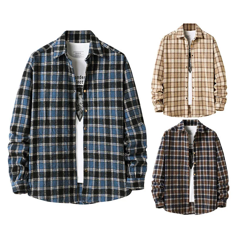 Camicia scozzese in flanella da uomo a maniche lunghe casual con risvolto di nuova moda 2022253_voghion.com