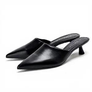 1702-9 Women's High Heeled Mule Sandals Autumn New Pointed Toe Mule Heel Shoes Simple Style Solid Black Slides for Spring