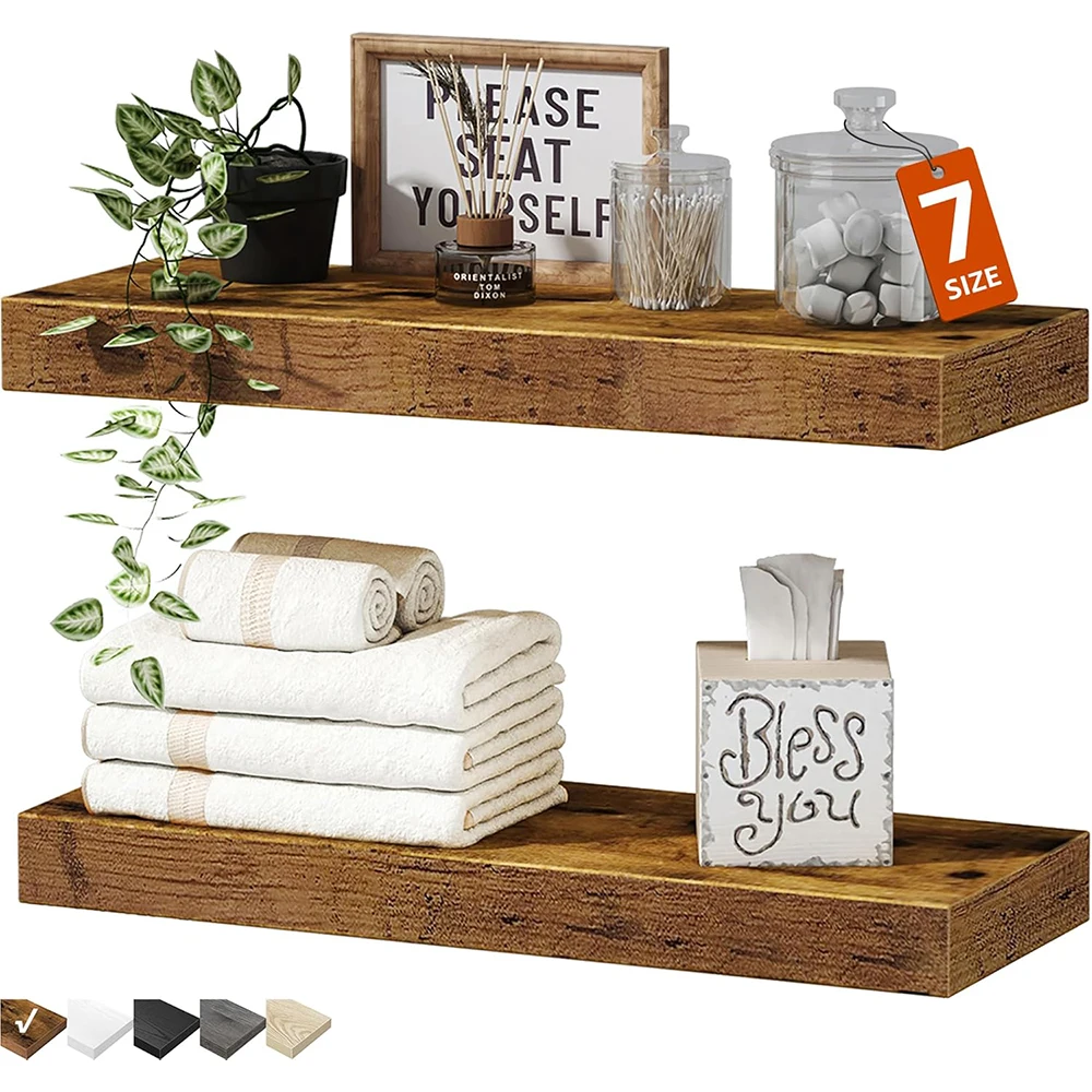 Nu-Deco MH26056 Bathroom Floating Shelves Wall-Mounted 15.7x6.7 Inch Set 2 Rustic Brown Farmhouse Home Decor Storage