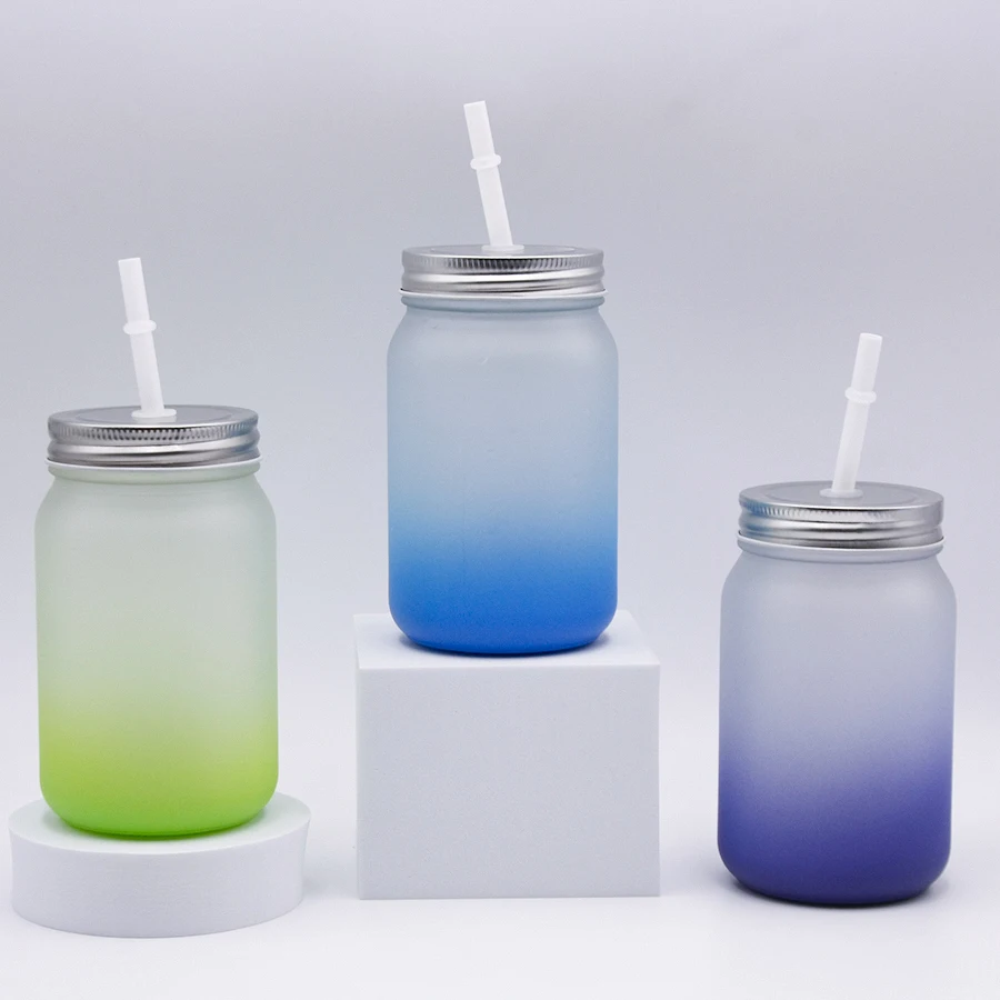 Frosted Mason Jar w/ Lantern Lid and Metal Handle(15oz/450ml,Sublimation  Blank,Green)
