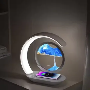 Wireless Charging Hourglass Decoration LED Night Lights Modern Art Sand Painting Dynamic LED Bedside Table Lamp