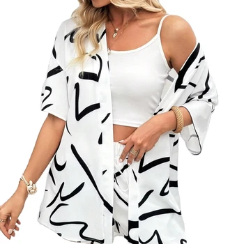 Europe and America Summer New Style Classy Black Irregular Stripe Digital Print Two-piece Set