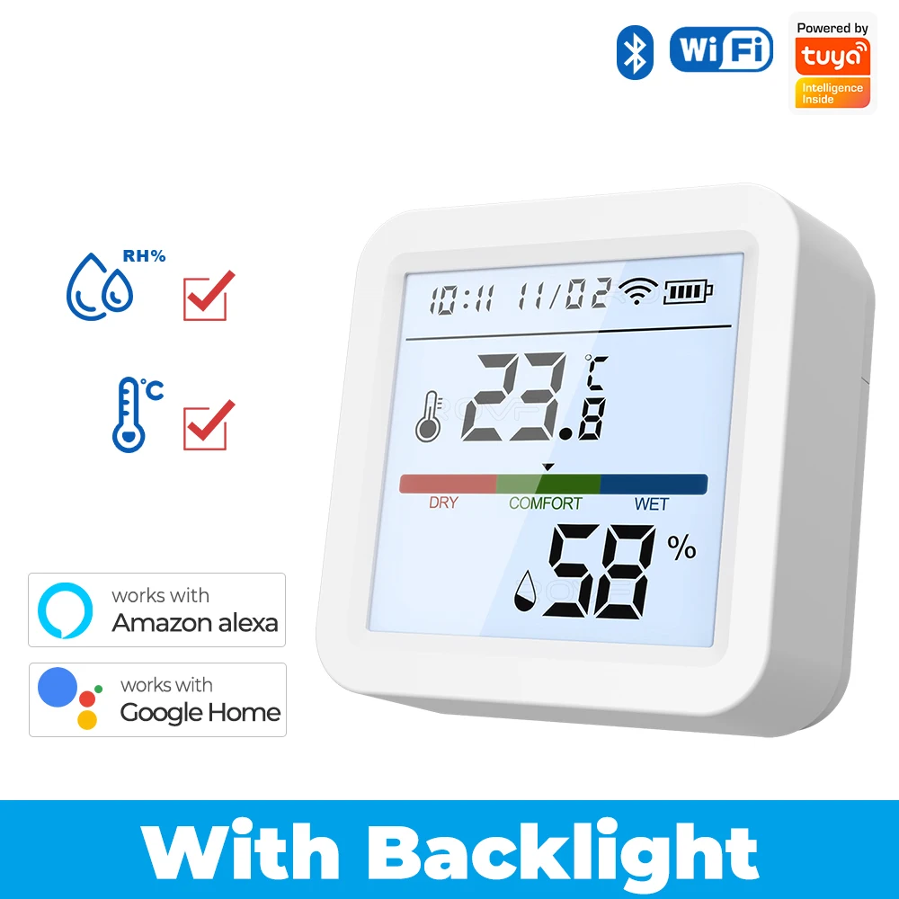 Tuya New WiFi Temperature Humidity Sensor Smart Life Backlight Hygrometer Thermometer  Sensor Support Alexa Google Home Assistant (AAA battery Model, but without  battery in shipment)