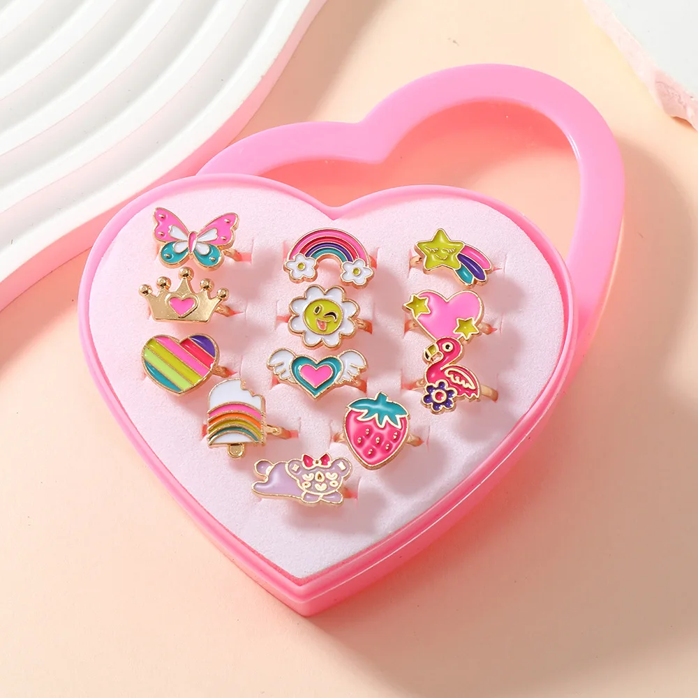Little Girl Jewel Rings in Box, Adjustable, No Duplication, Girl Pretend Play and Dress Up Rings