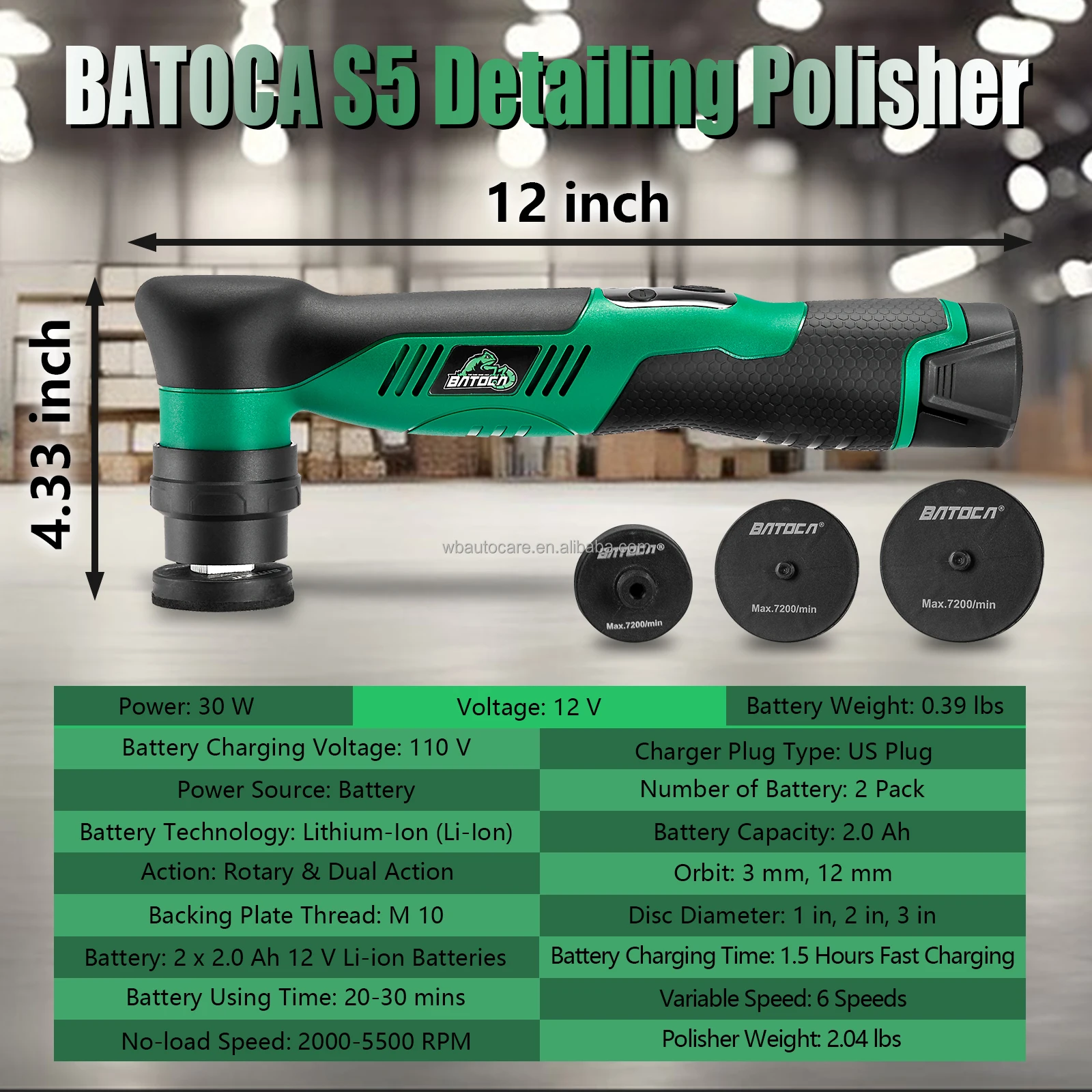 BATOCA вращающийся и орбитальный беспроводной полировщик 12 В 2.0Ah аккумуляторная полировальная машина