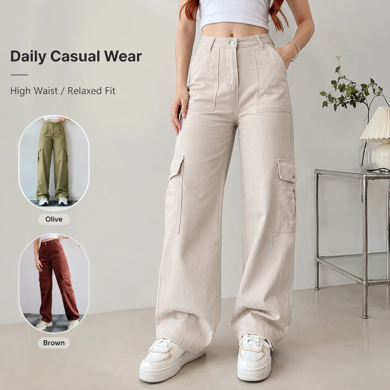 Wholesale Breathable Spring Ladies High Waisted Cargo Pants with Pockets Spandex/Cotton