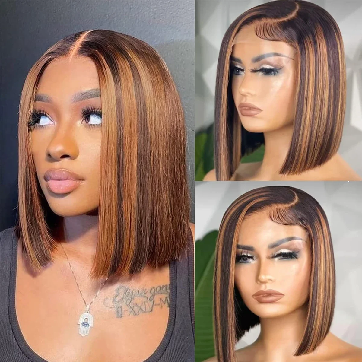 Bob Wig Echthaar T-part Lace Front Perücke Glatt Braun Remy_voghion.com