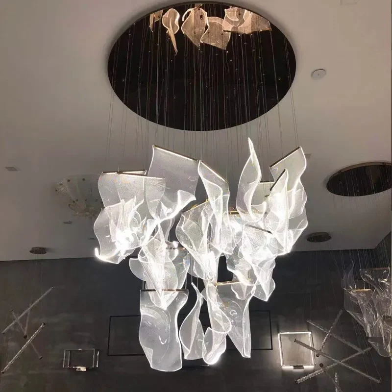 Indoor Luxury Stairs Lobby Pendant Light Brass LED Hanging Lamp Nordic Modern K9 Acrylic Chandelier