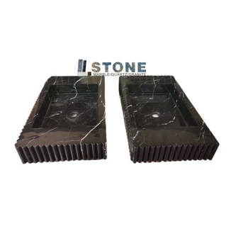 Custom Polished Carara Black Marble Sink Modern Above Counter Design for Hotels Top Mount Installation with Drainer